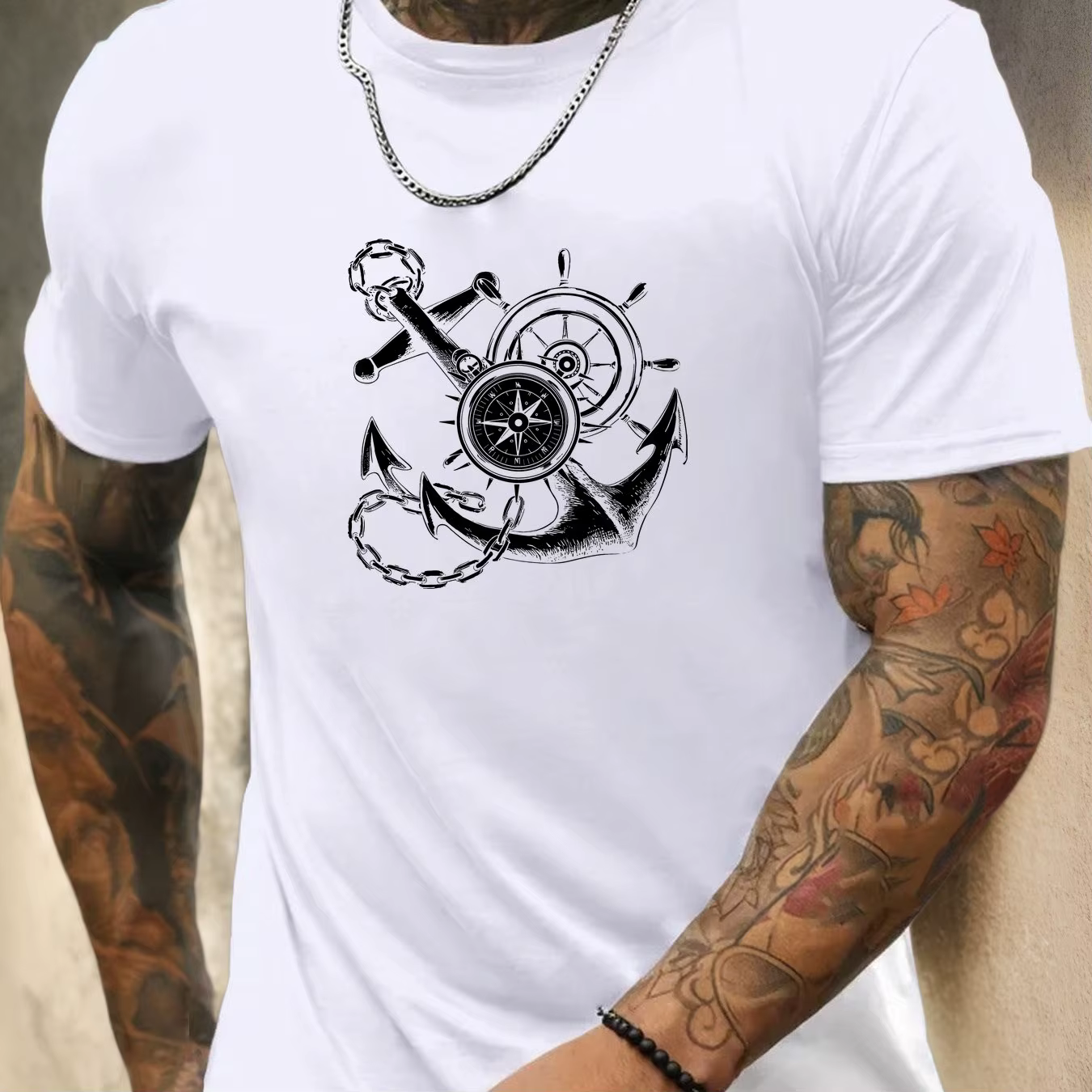 T-shirt d'été décontracté à manches courtes pour hommes avec un motif d'ancre de bateau et de bousso