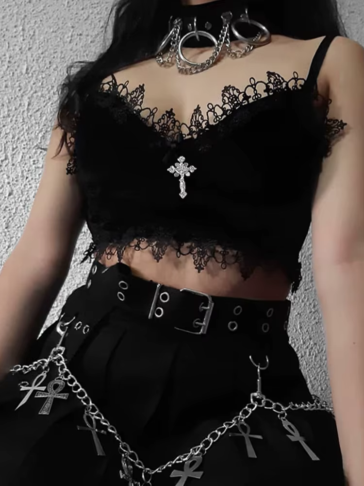 Velours Y2K centre commercial Goth culture hauts noir dentelle garniture Emo Alternative esthétique