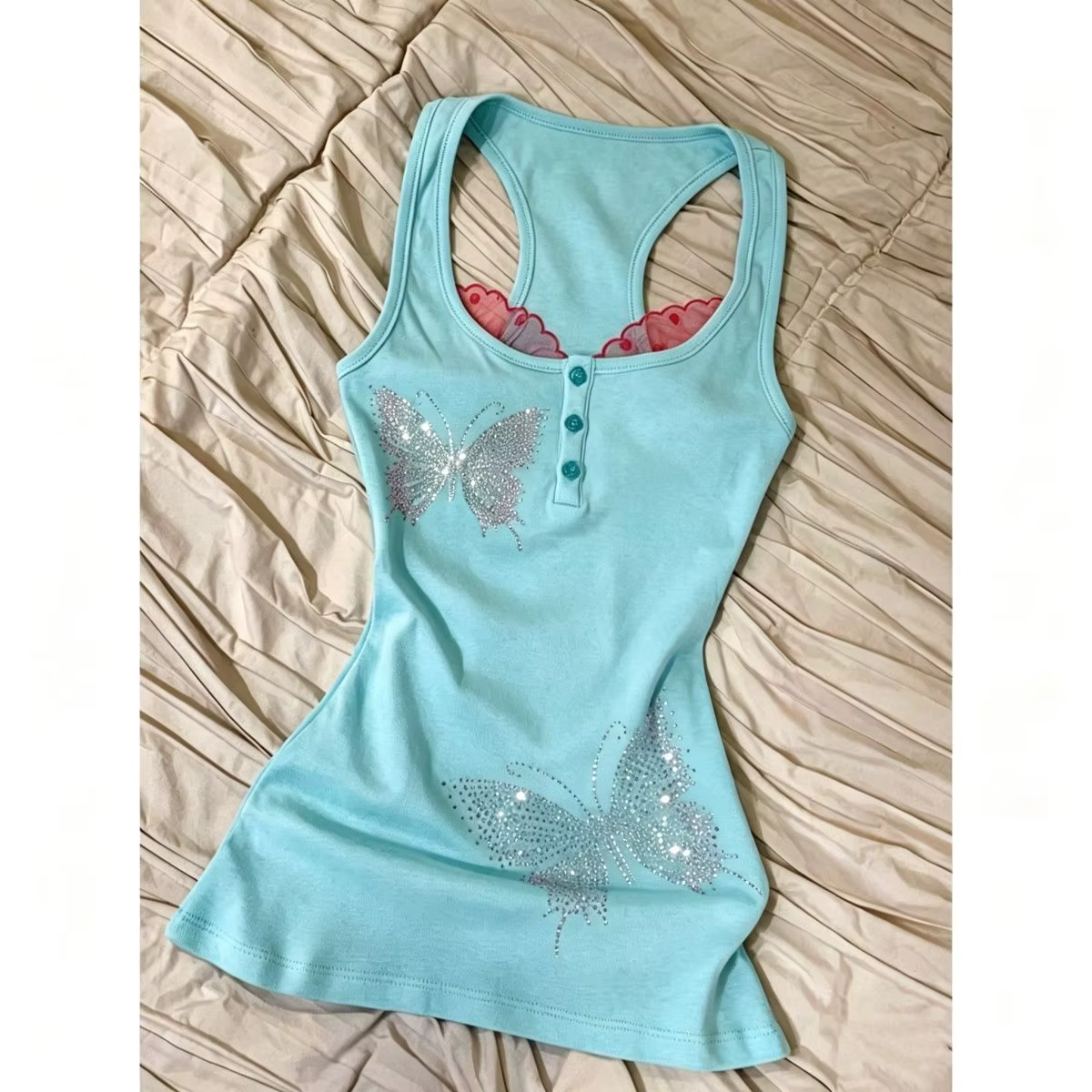Débardeur Cami Rétro Y2K Vert Menthe avec Strass Papillon Style Vintage Américain, Coupe Moulante, S