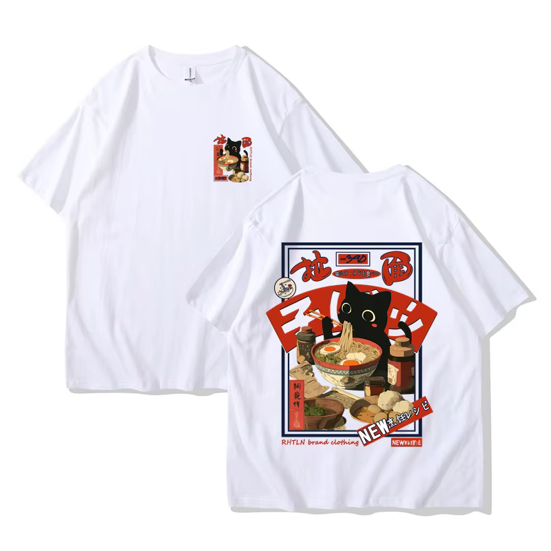 T-shirt hip-hop homme street wear Harajuku japonais Lamian Noodles chat T-shirt 2025 été T-shirt à m