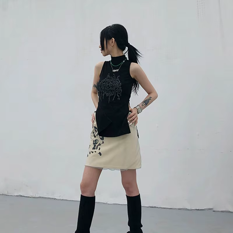 Karrcat Yamamoto Style débardeur noir Grunge gothique col roulé hauts Cyber Y2k Chic vêtements de cr