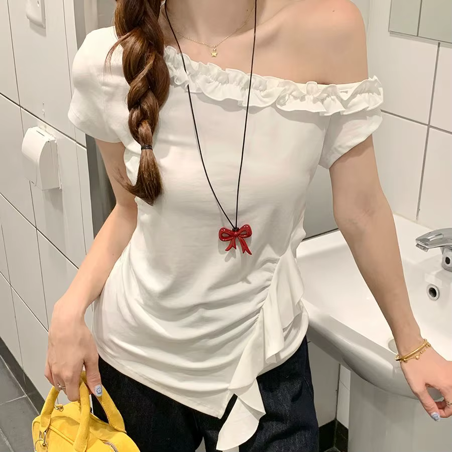 T-shirt à manches courtes et épaules dénudées pour femmes, haut polyvalent et ajusté, nouvelle mode