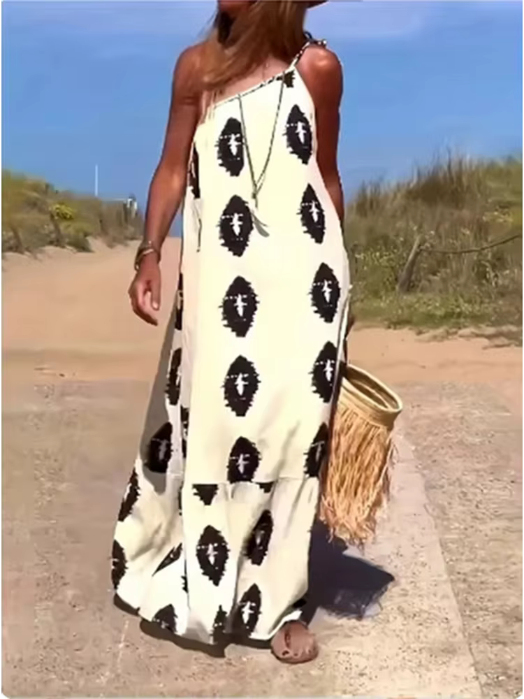 Robe à épaules inclinées sans manches pour femmes Robe ample imprimée bohème Robes de soirée sexy d'