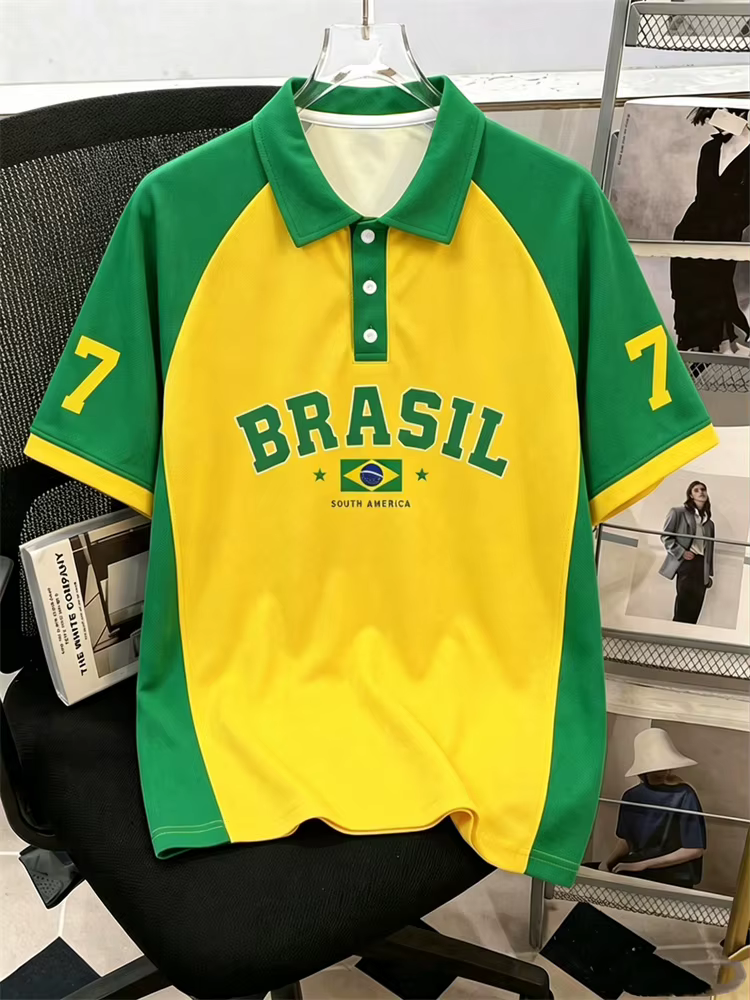 Nouveau T-shirt Polo Homme à Manches Courtes Motif Drapeau Brésilien Style Sportif T-shirt Décontrac