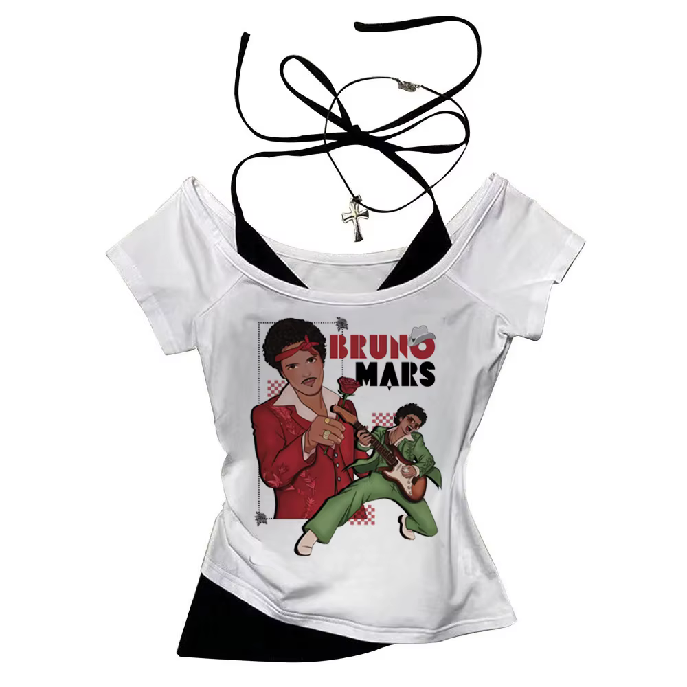 T-shirt 2026 Bruno Mars The Romantic Tour pour femme, faux deux-pièces, col rond, manches courtes, c