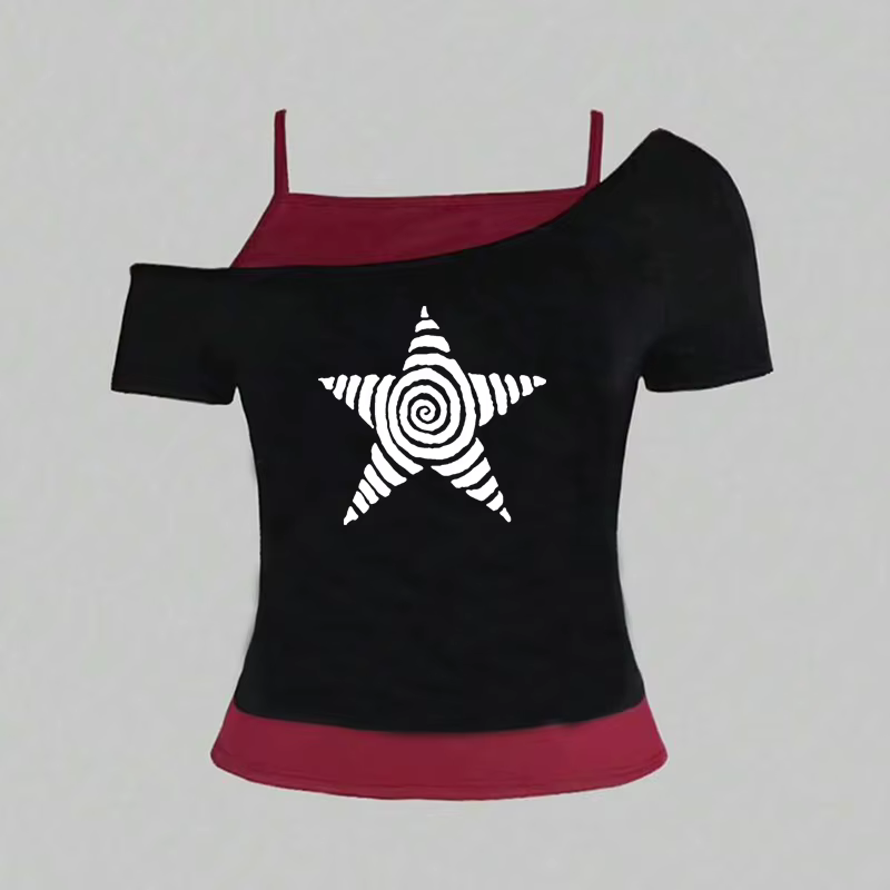 T-Shirt décontracté pour femmes, Harajuku 2025, Streetwear rétro Y2K, col licou imprimé, faux ensemb