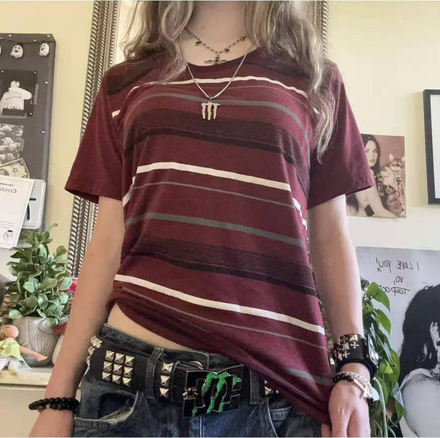 Femmes Y2k Grunge chemises rayé Baggy col rond manches courtes Emo hauts 2000s Harajuku Vintage adol