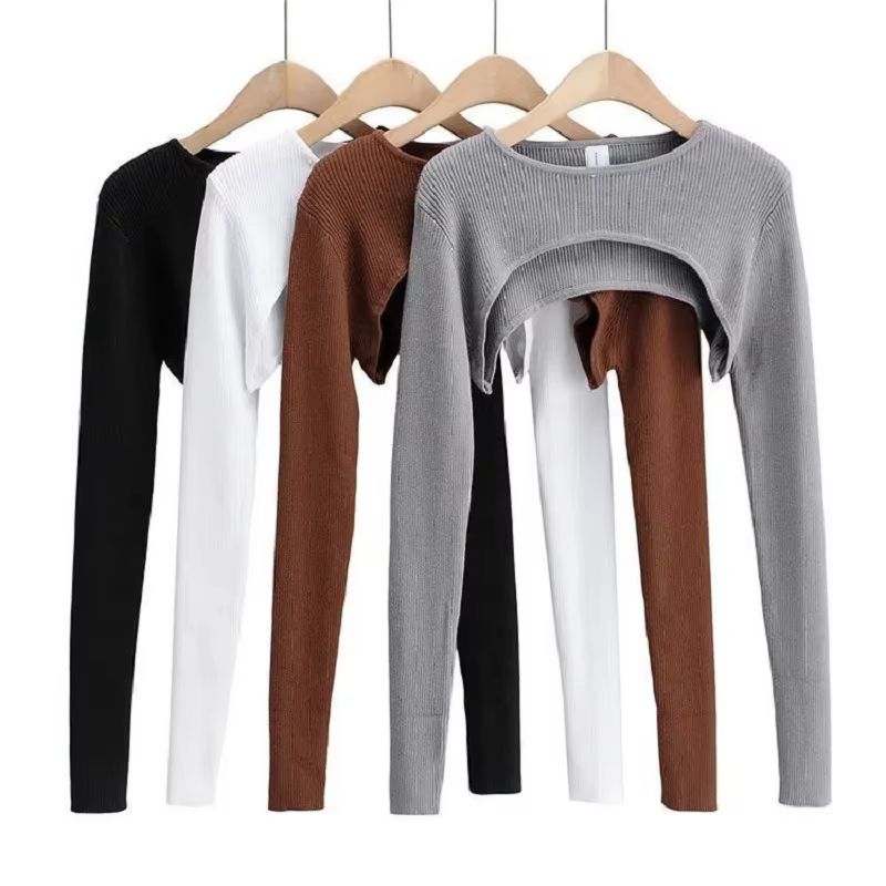 T-shirt tricoté à manches longues pour femmes, vêtements esthétiques Y2k, col rond, noir et blanc, S
