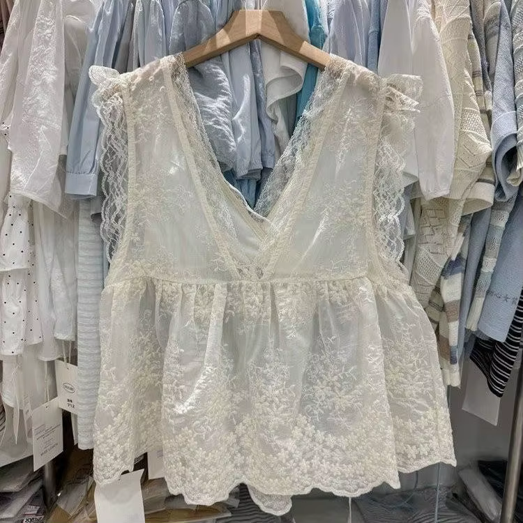 Haut cache-cœur en dentelle à col en V pour femme, tricoté ample blanc, style débardeur ajouré sans 
