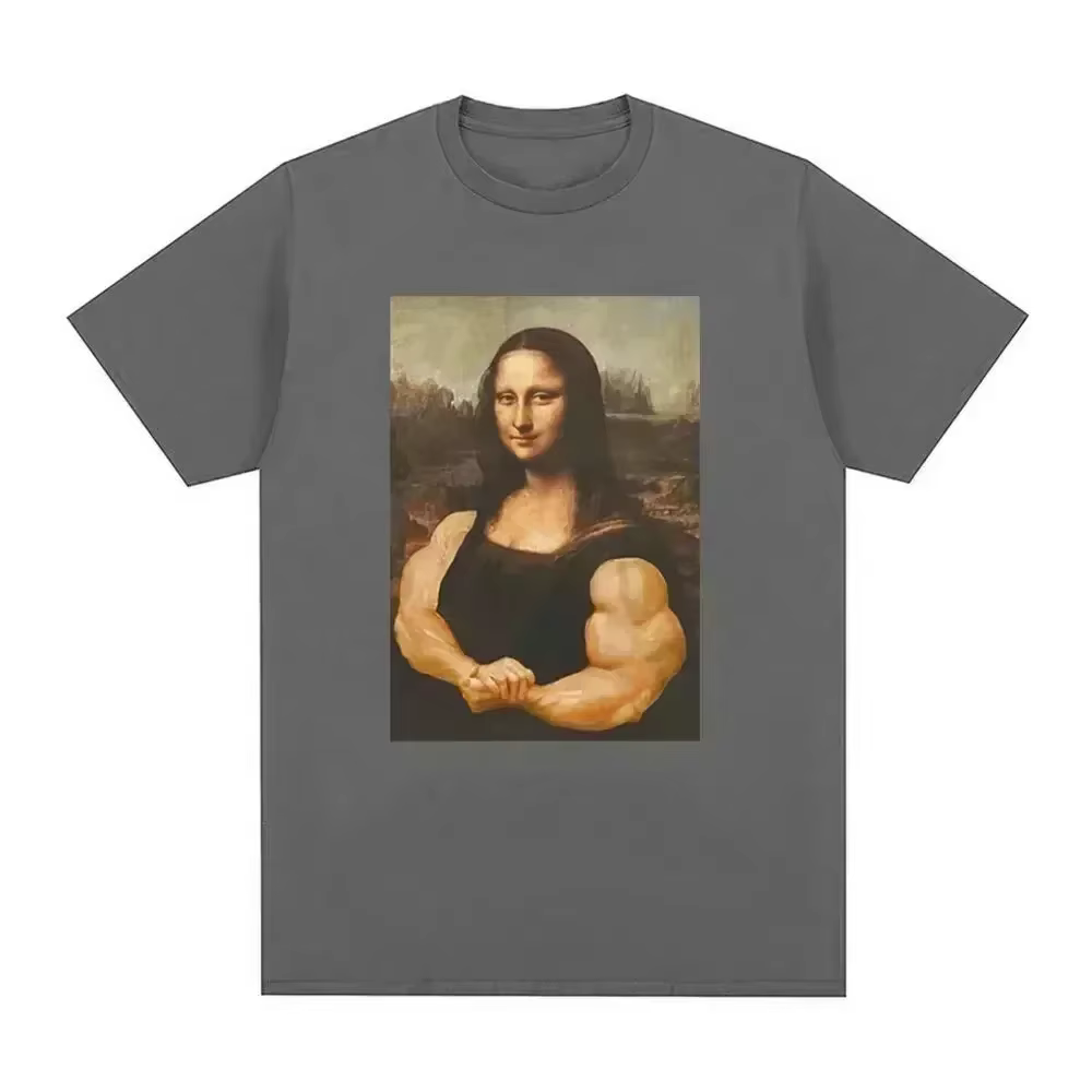 Drôle Mona Lisa Fitness T-shirt Muscles Gym Décontracté Graphique Manches Courtes T-shirts Unisexe M