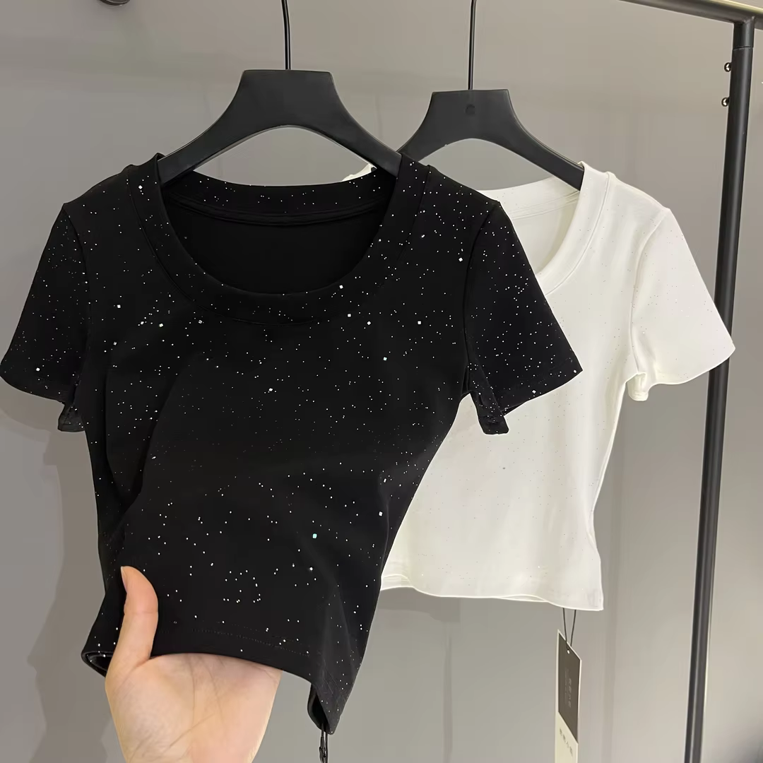 T-shirt à manches courtes pour femmes, épaules sur le devant, paillettes, haut Slim et polyvalent, n
