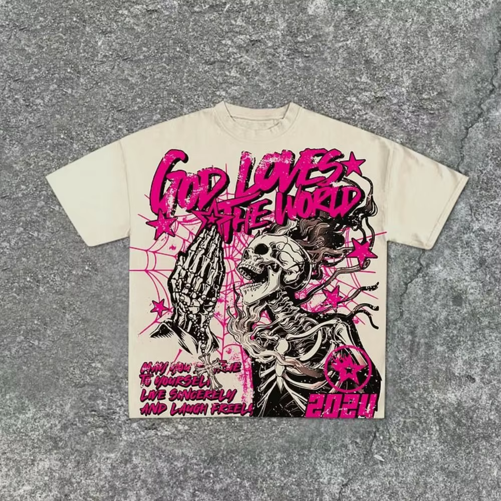 T-shirt col rond pour hommes, style à la mode, imprimé tête de mort, confortable et respirant, haut