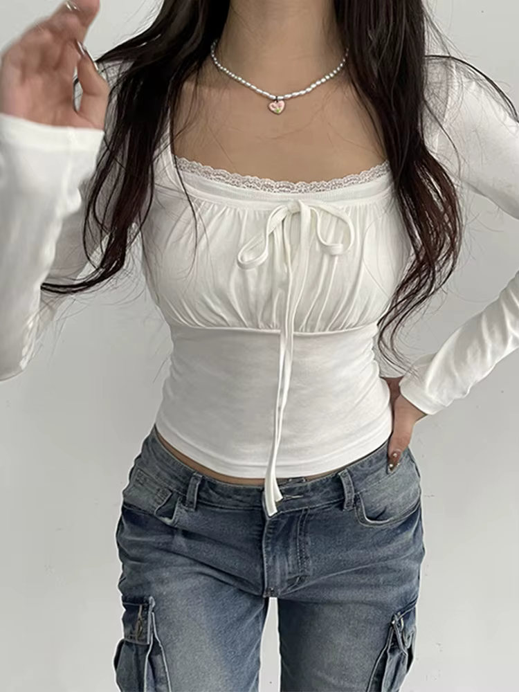 Bandage plis col carré haut court femmes Fairycore y2k blanc t-shirts basique tricoté élégant t-shir
