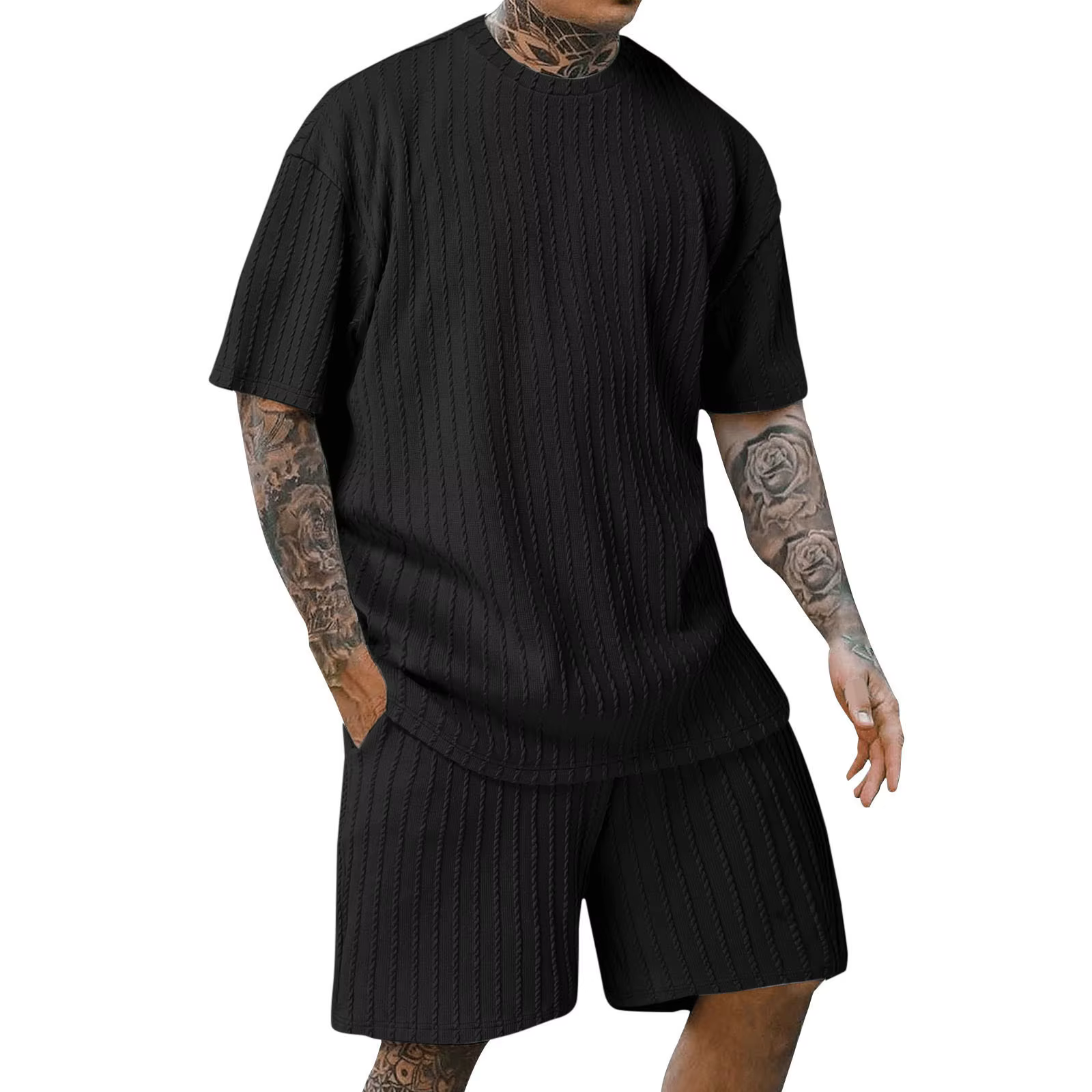 Nouveau T-shirt pour homme 2025, sportif, uni, col rond, texture sur le devant, haut décontracté, ma