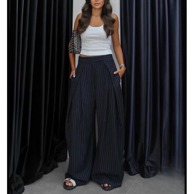 Pantalon Baggy Noir Plissé à Jambes Larges Rayé Décontracté Taille Haute pour Femme Printemps