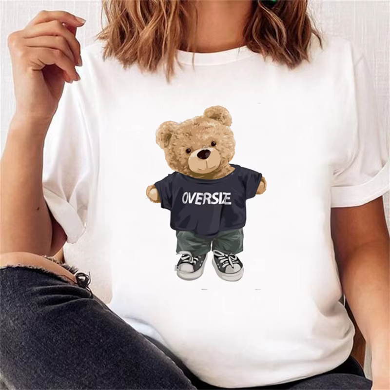 T-shirt à manches courtes pour femmes, vêtement tendance, décontracté, mignon, ours, à la mode, prin
