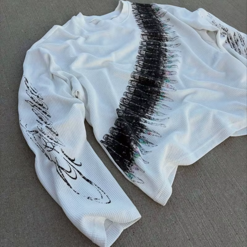 2025 Nouveau y2k Bullet Lettre Imprimé Américain Rétro Manches Longues T-shirt Street Style Casual L