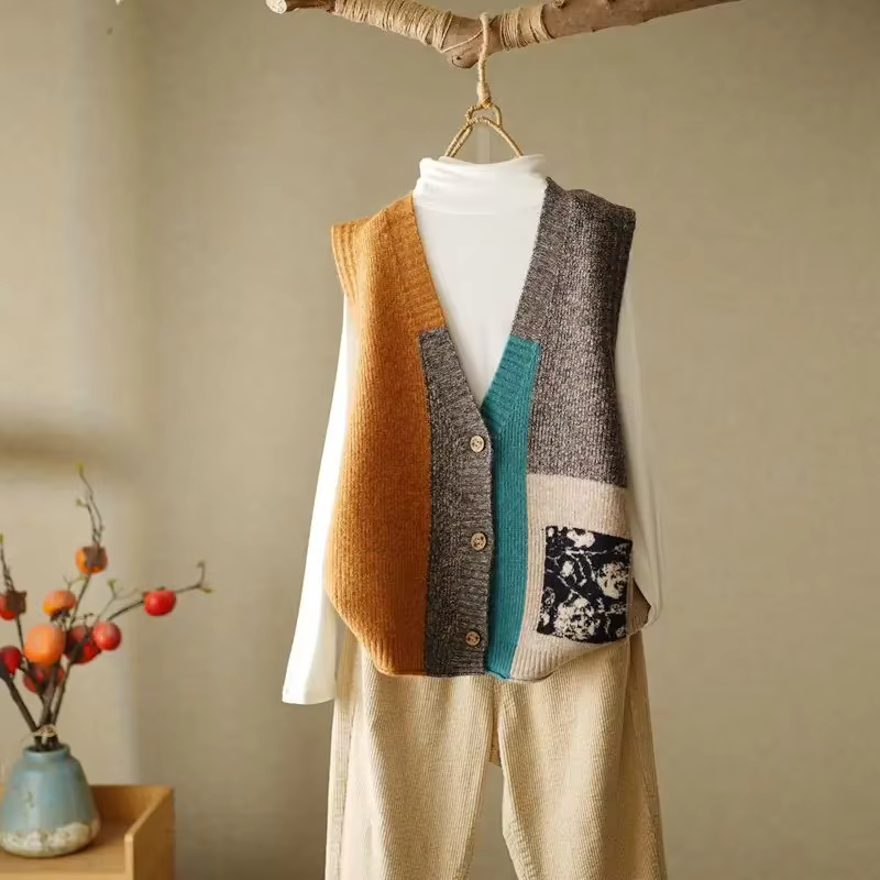 Gilet tricoté sans manches pour femme, col en v, mode automne-hiver 2021, vêtements tendance, pull f