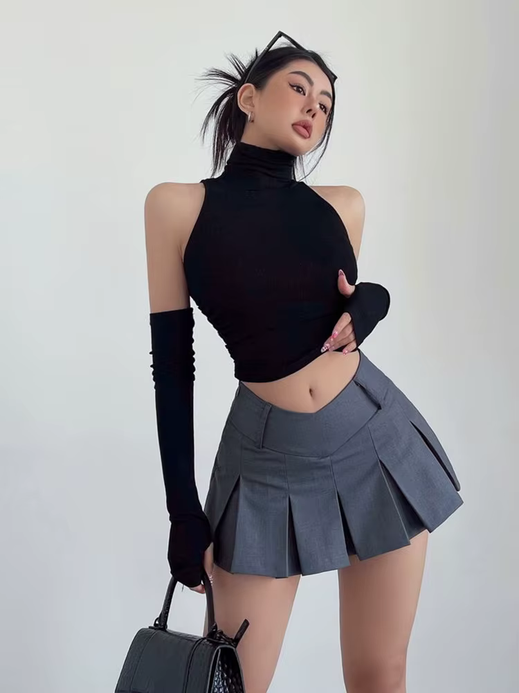 Printemps été haut Sexy débardeur épicé fille manches col haut plissé Club haut court femmes t-shirt