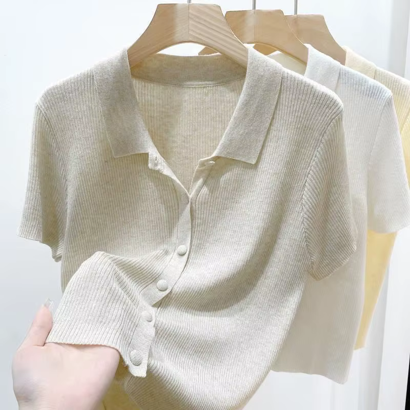 Cardigan tricoté à manches courtes pour femme, col polo, boutonné, fin, doux, élégant, style coréen,