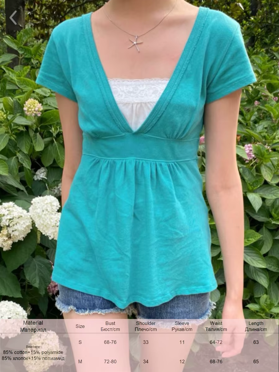 T-shirts vert à ourlet brut pour femme, été, sexy, col en V profond, coupe trapèze, manches courtes,