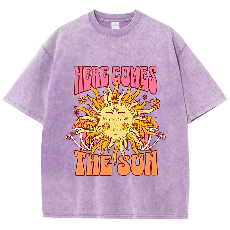 T-Shirt délavé surdimensionné pour femmes, en coton, imprimé ici arrive le soleil, décontracté, col