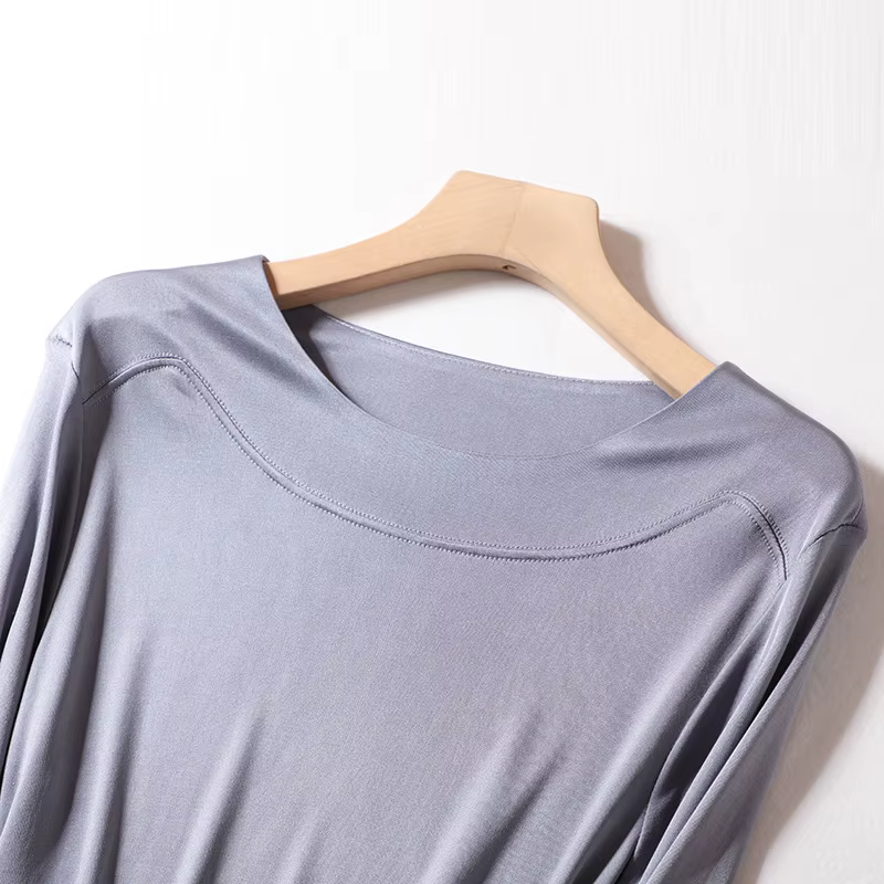 T-shirts en soie véritable Birdtree pour femme, col rond, uni, décontracté, manches longues, basique