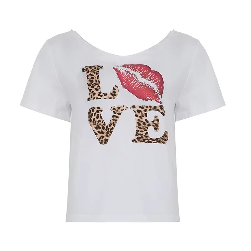 T-shirt manches courtes col en V pour femme, Streetwear, ample, blanc, avec lettres imprimées léopar