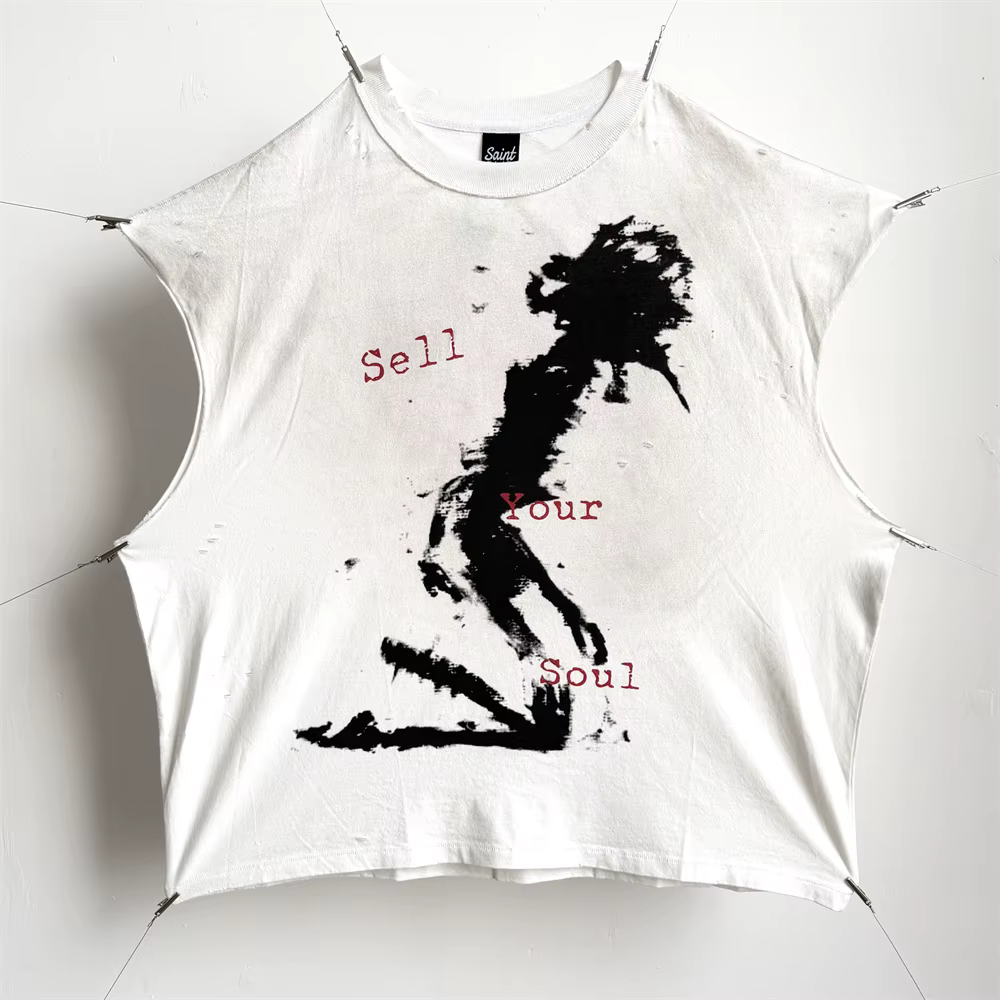 Joli lavé Saint vendre votre âme Vintage manches coupe T-Shirt hommes femmes haut sans manches T-Shi