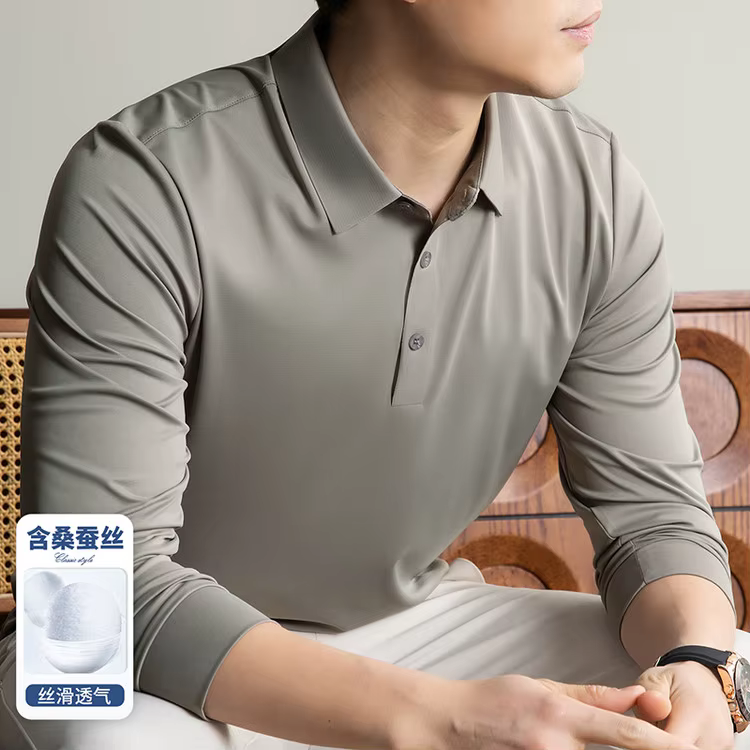 Nouvelle Tendance Polo en Soie de Mûrier pour Homme – Haut de Gamme Décontracté Chic à Manches Longu