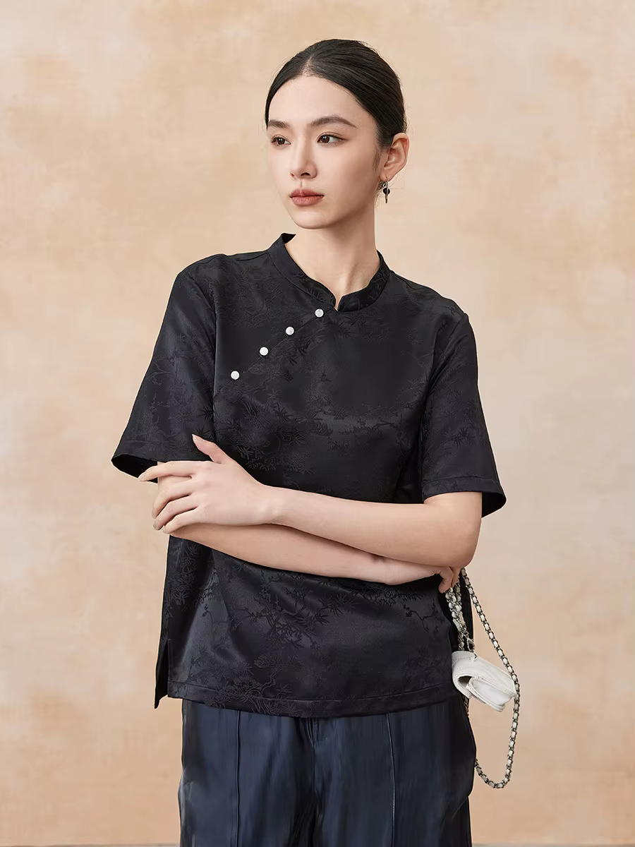 Birdtree, T-shirt 100% soie véritable 28MM, hauts à col montant et manches courtes, style chinois, c