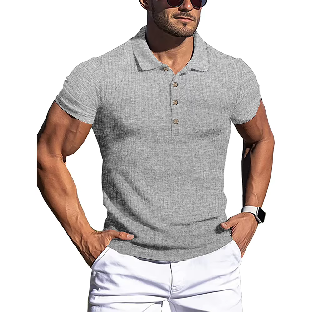 Polo à manches courtes pour hommes, chemises à col montant, rayures solides, fitness, élasticité, mo