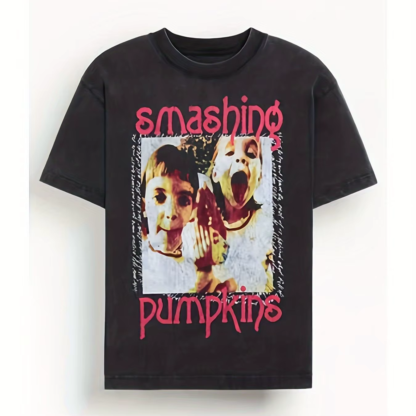 T-shirt graphique Smashing Pumpkins Twins pour hommes avec lettrage rose et motif jumeaux, col rond 