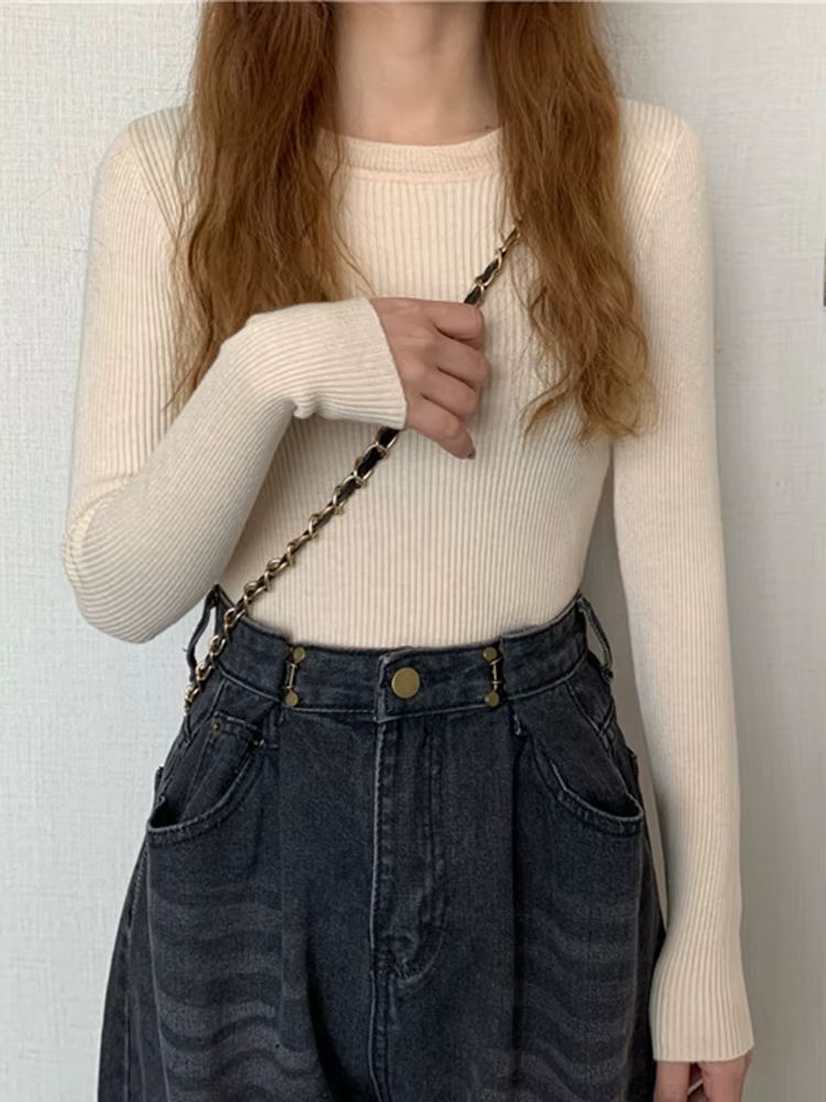 Nouveau Pull Femme 2026 Automne Hiver Manches Longues Col Rond Élastique Tricoté Uni Tendance