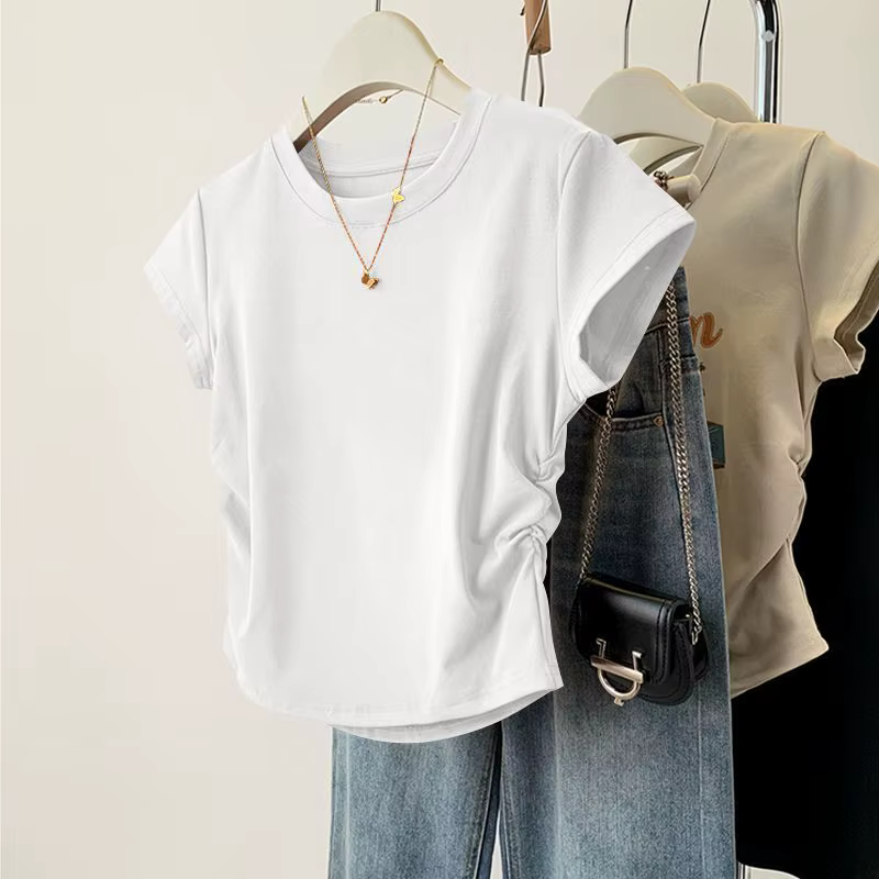 Haut d'été à manches courtes pour femmes, chemise de Base polyvalente, coupe cintrée, col rond, déco