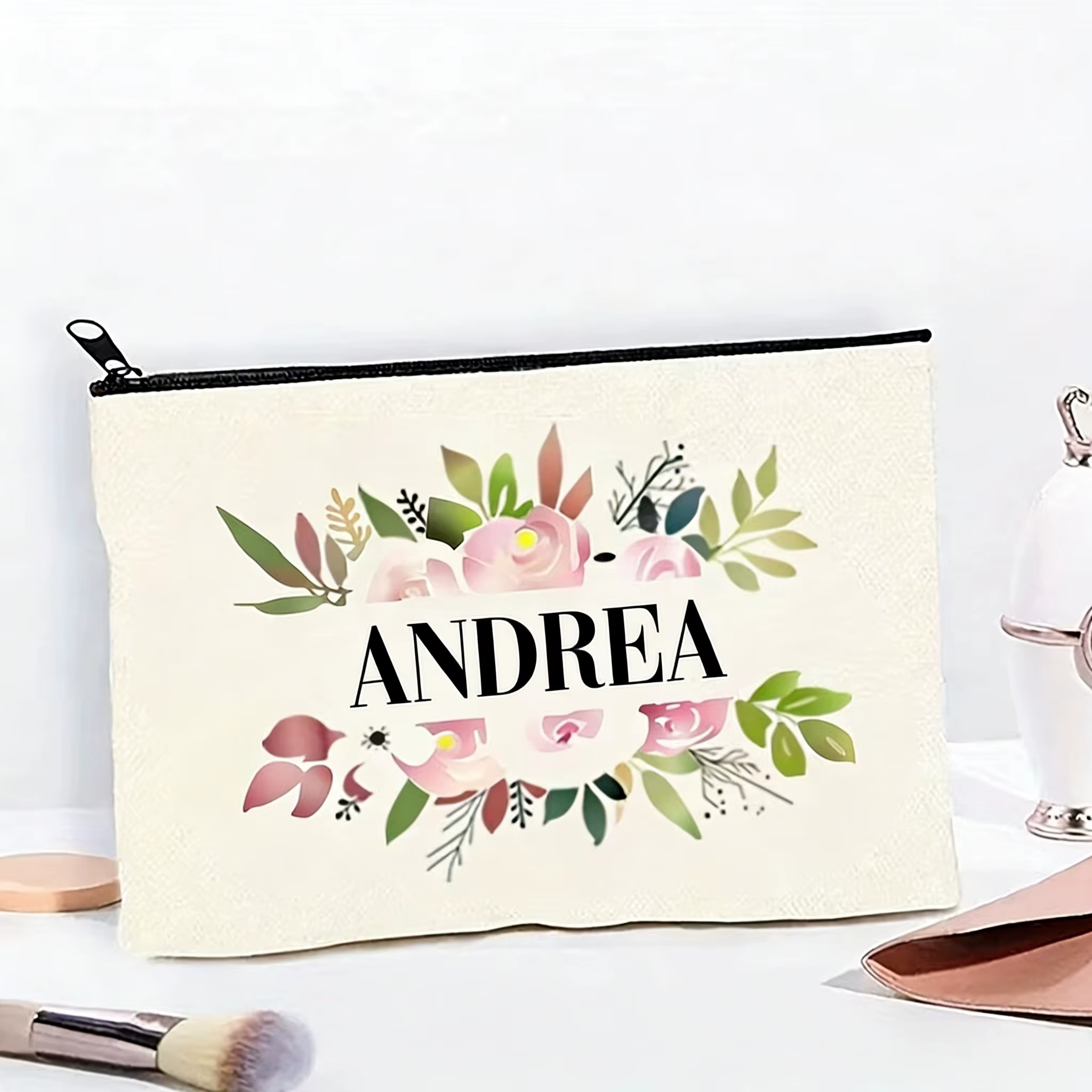 Trousse de maquillage personnalisée avec nom, motif floral lumineux, matériau en toile de polyester