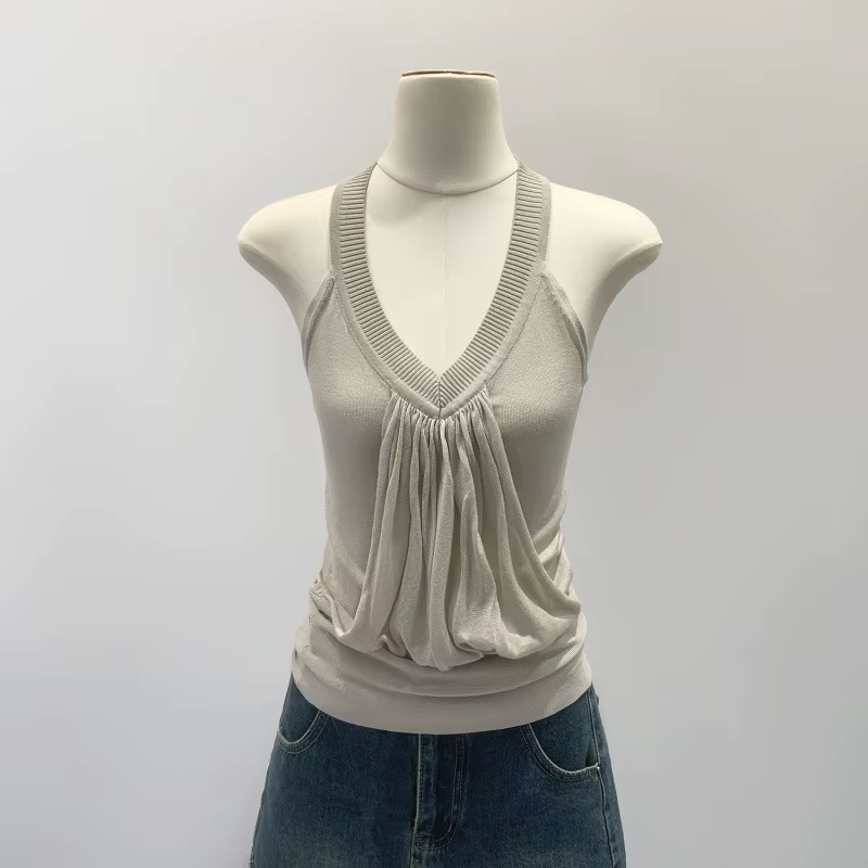 Débardeur rose plissé à col en V pour femme, nouvelle collection été, style urbain, coupe ajustée, c
