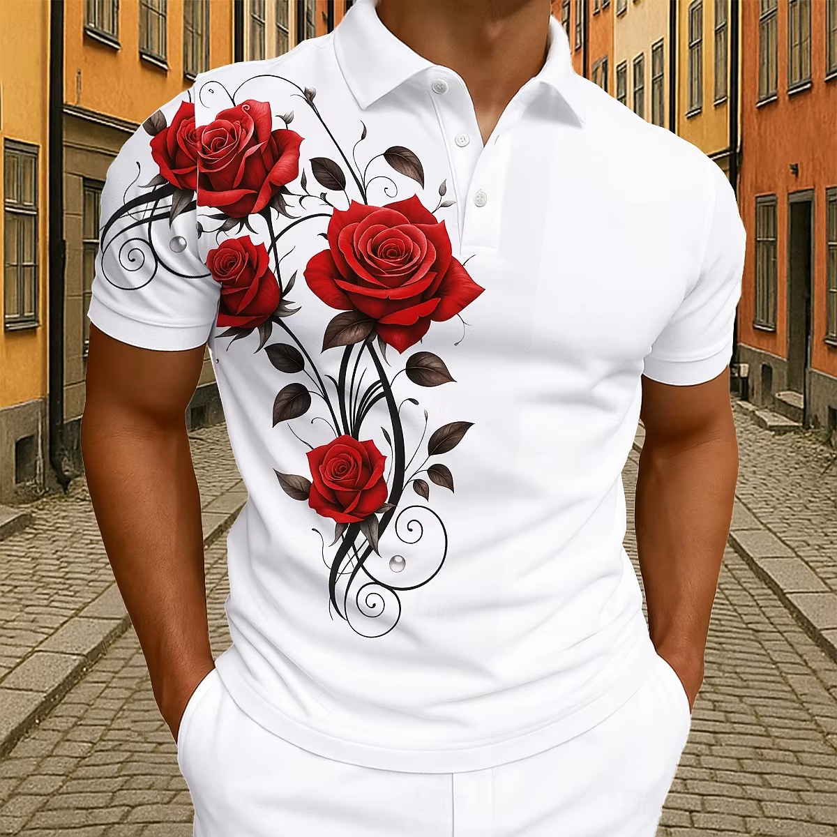 Polo élégant pour homme à motif floral de roses rouges, imprimé 3D motif vigne, manches courtes, col
