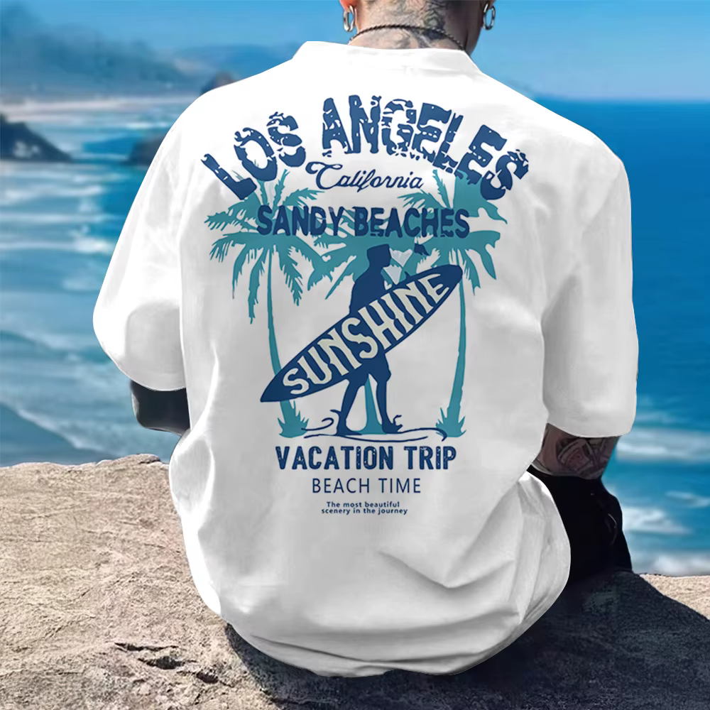 T-shirt pour homme en coton 100% avec imprimé graphique soleil et plage, style surf vibrant de Los A
