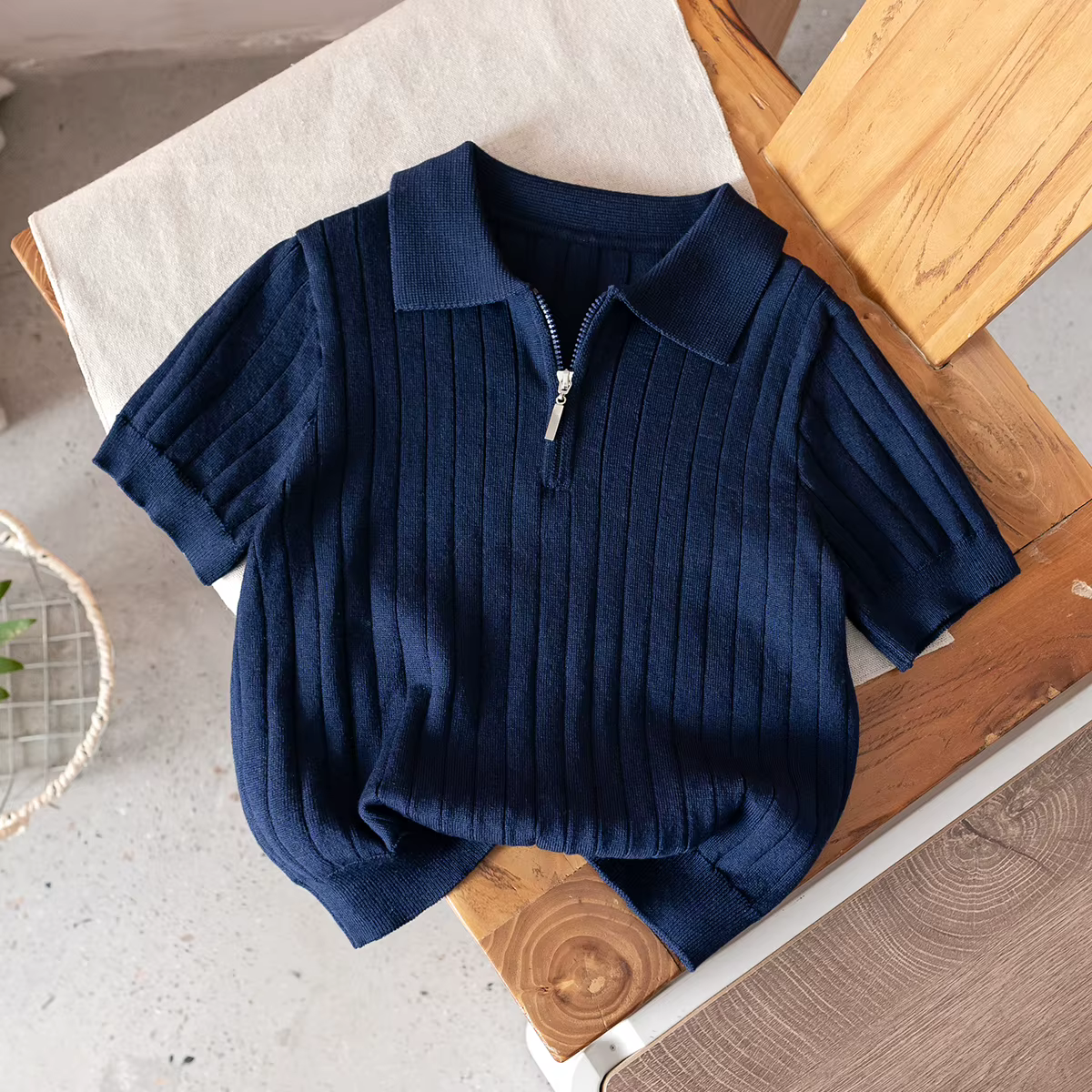 Polo style universitaire pour garçons, couleur unie, en Tencel fin, à manches courtes, avec demi-fer