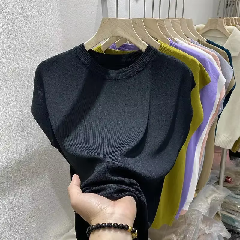 T-shirt femme d'été col rond tricoté, chemisier mode femme 2026, t-shirt à manches courtes couleur u