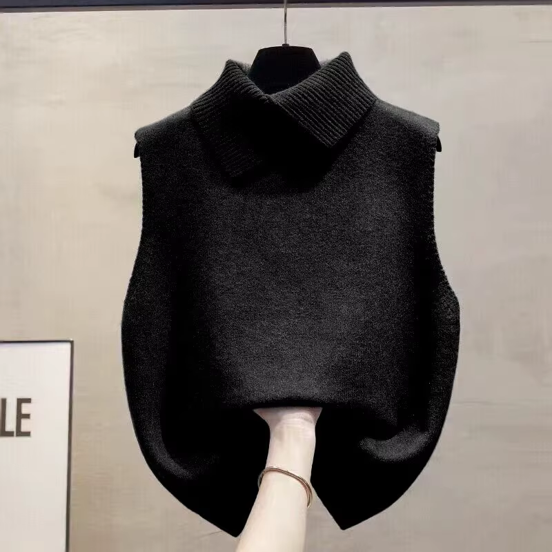 Automne hiver coréen couleur unie revers sans manches polyvalent décontracté tricoté gilet pour les