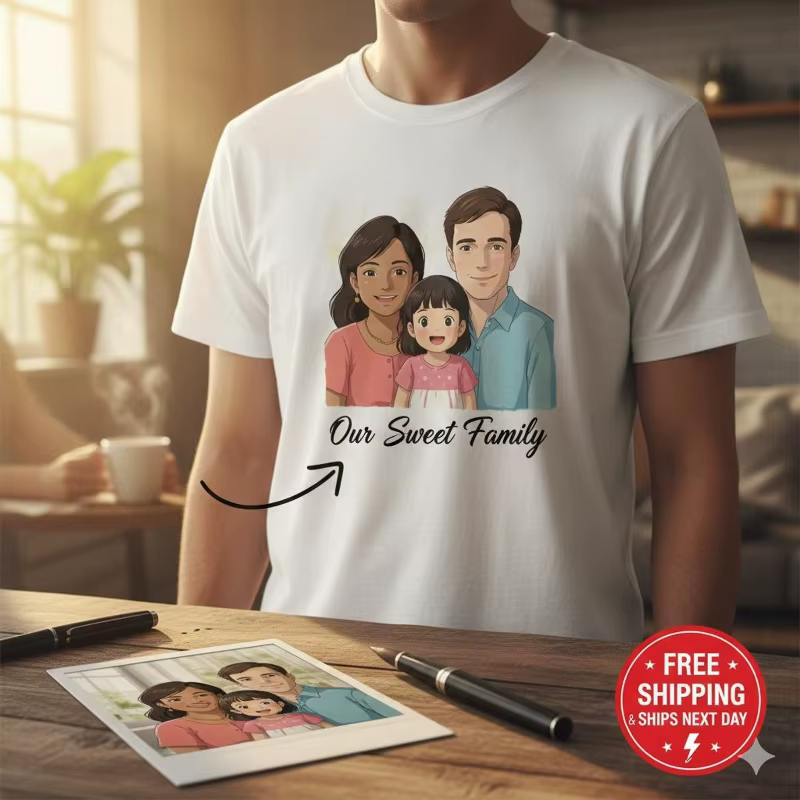 T-shirt personnalisé avec portrait d'anime, art familial de dessin animé sur mesure, t-shirt personn