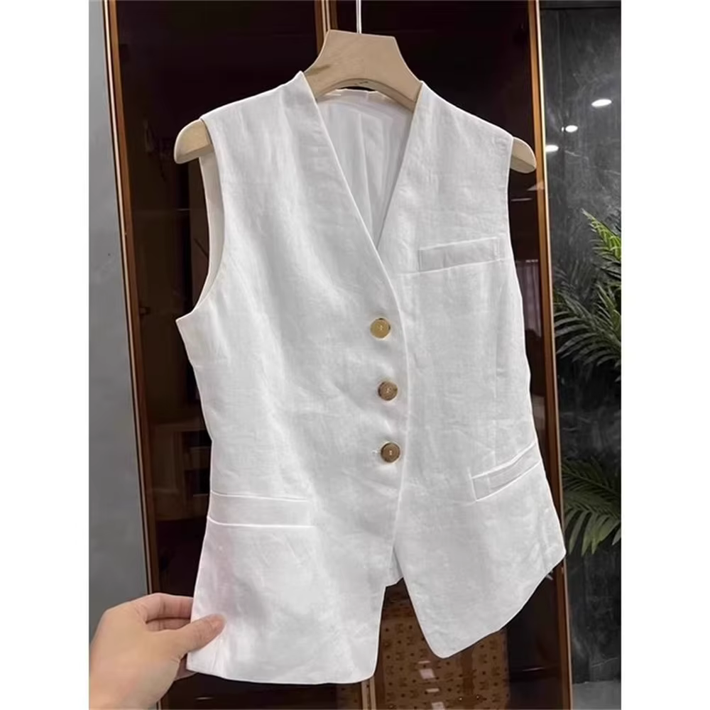 Mode lin blanc sans manches costume gilet pour femmes printemps été haute qualité rétro élégant col 