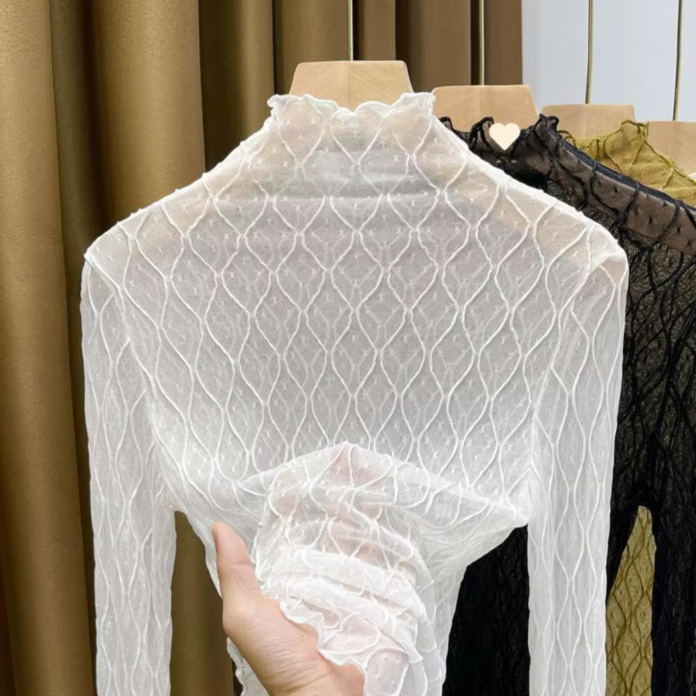 Haut à col roulé sexy et élégant en maille unie, respirant, à motif ajouré, en dentelle pour femme