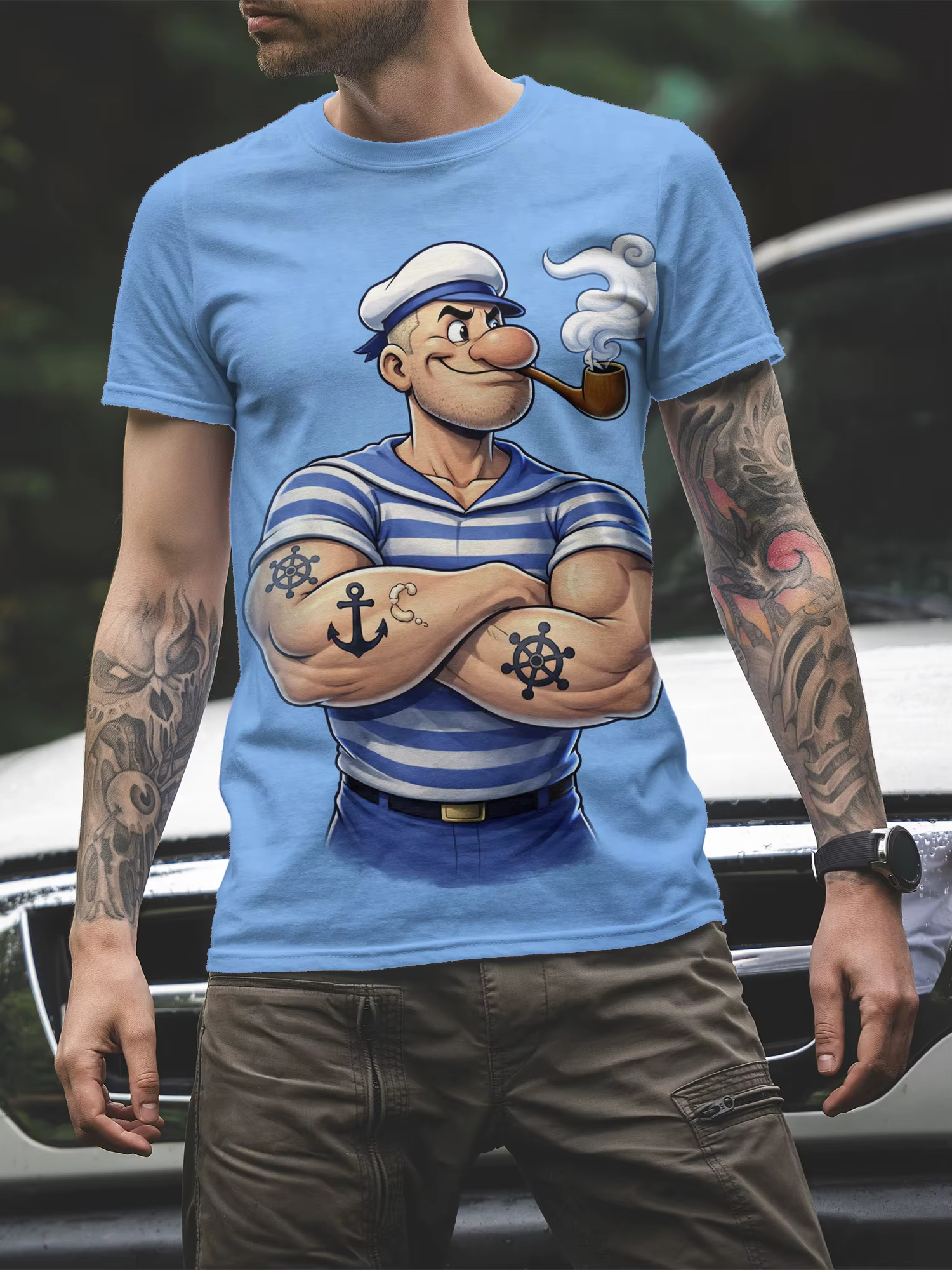 T-shirt à manches courtes pour homme avec imprimé graphique Popeye le marin, design rayé classique, 