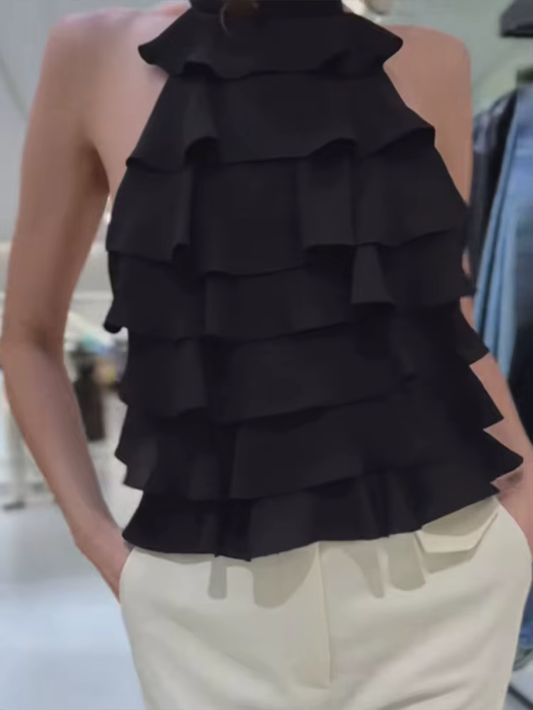 Hauts pour femmes à pois, dos nu, à volants en cascade, sans manches, à lacets, coupe ample, pour l'