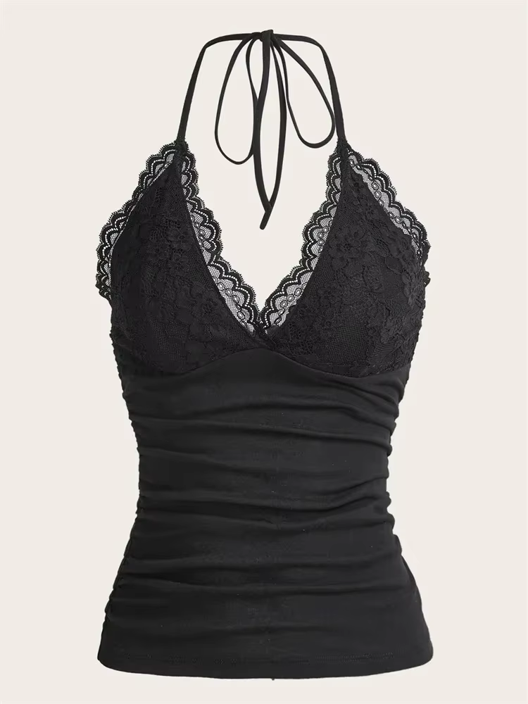 Haut court froncé en dentelle pour femmes, col en v, col licou, Sexy, Grunge, Punk, Goth, dos nu, ha