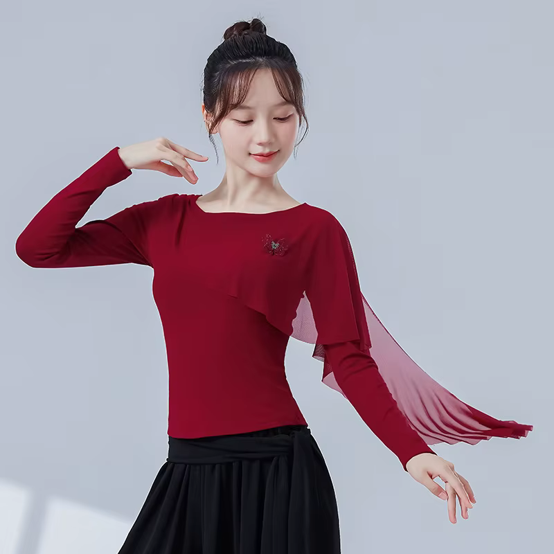 Haut de danse moderne pour femmes, chemise à manches longues, chemisier épissé en Tulle irrégulier, 