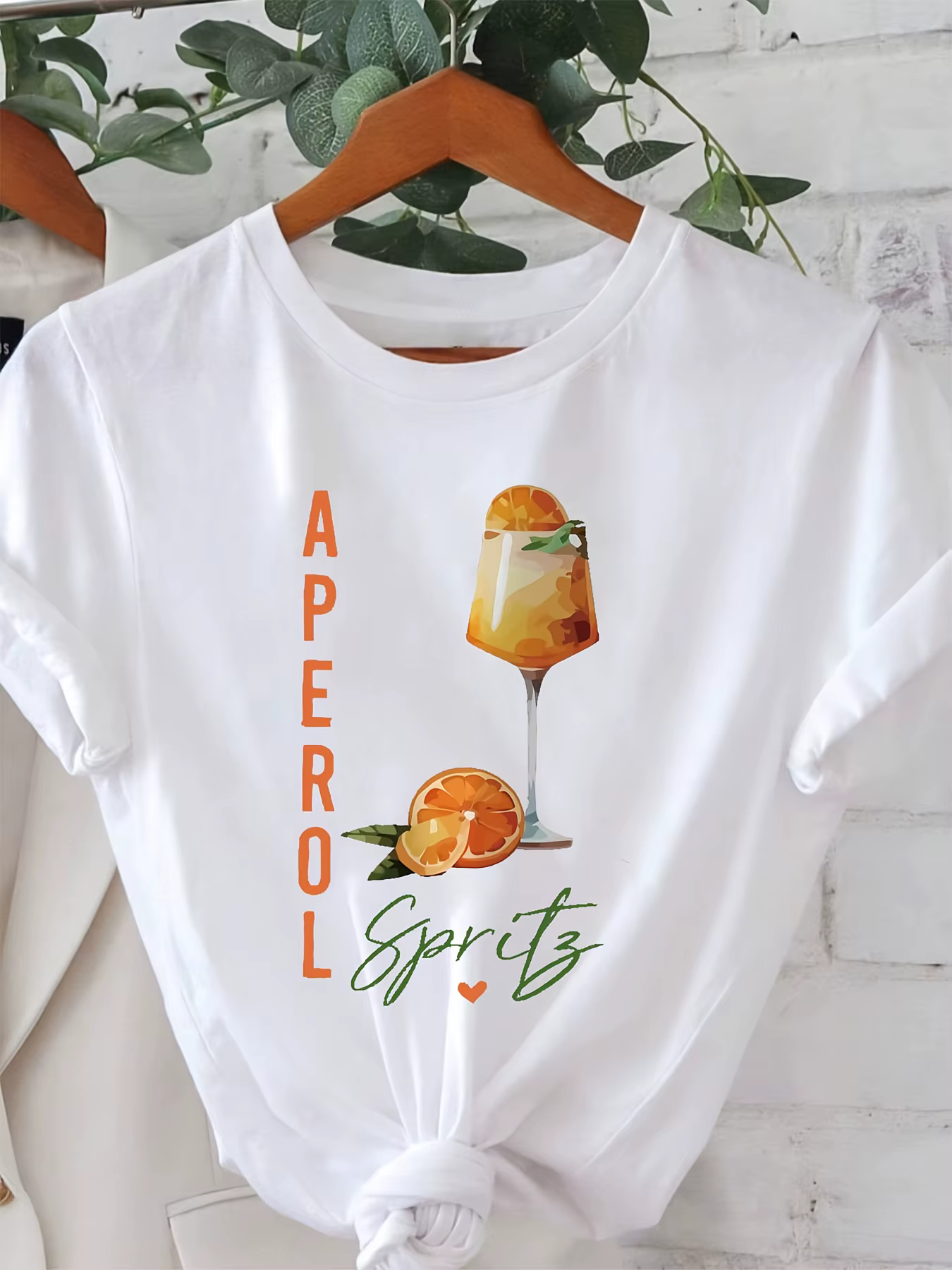 T-shirt décontracté à col rond et manches courtes pour femme, avec motif graphique Aperol Spritz et 